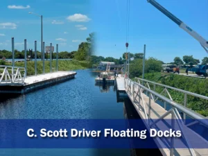 UESI installation of C. Scott Driver Park floating docks for marine construction and public waterfront infrastructure.